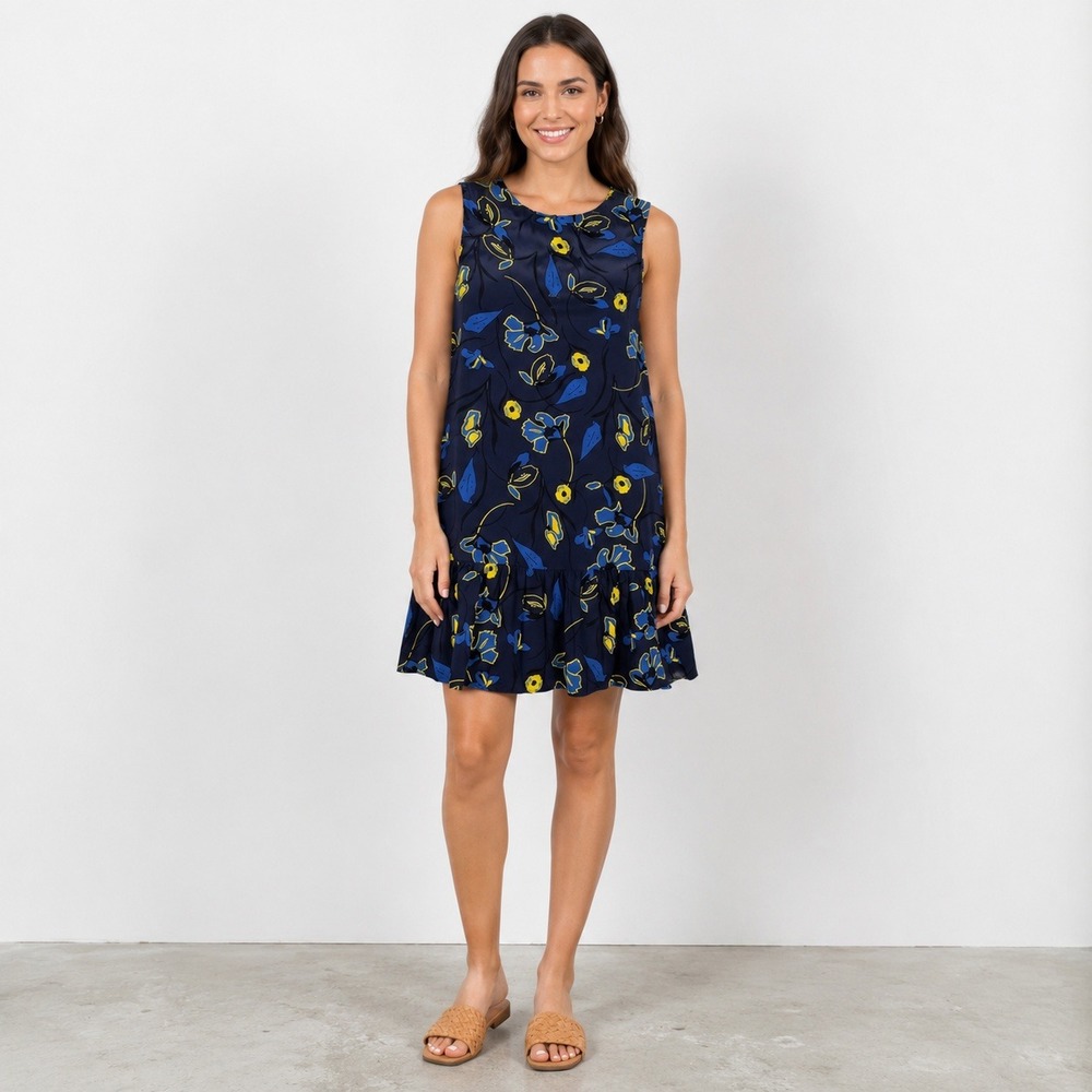 Halogen Women's S Petite Navy Floral Sleeveless Drop Waist Dress